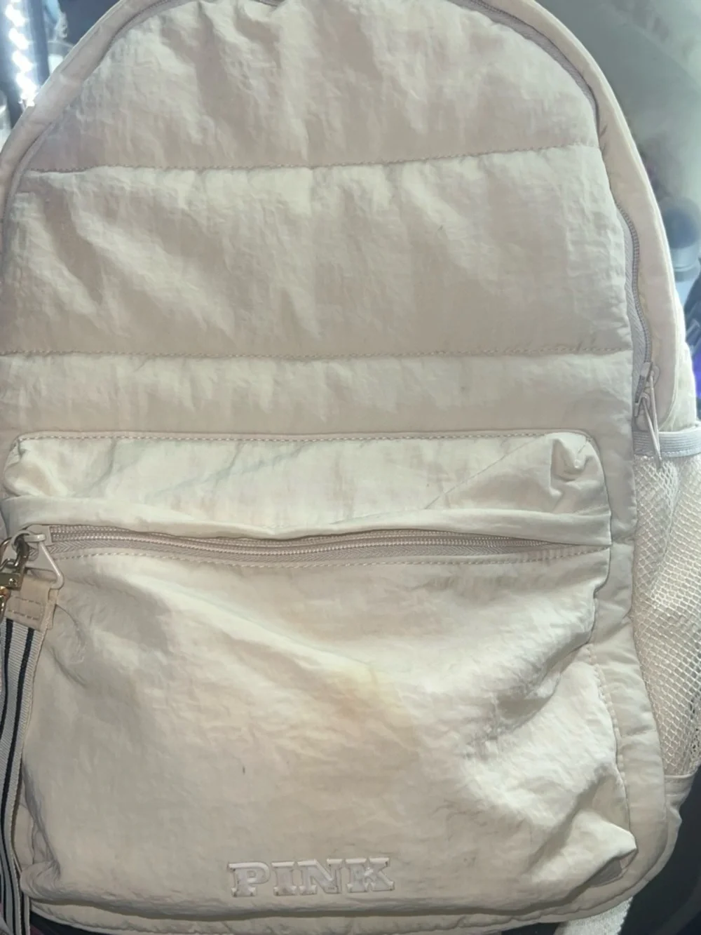 PINK Victoria's Secret Cream Quilted Backpack with Front Pocket